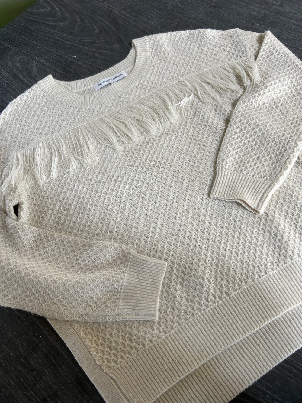 Fringe Detail Cream Knit Sweater - Women